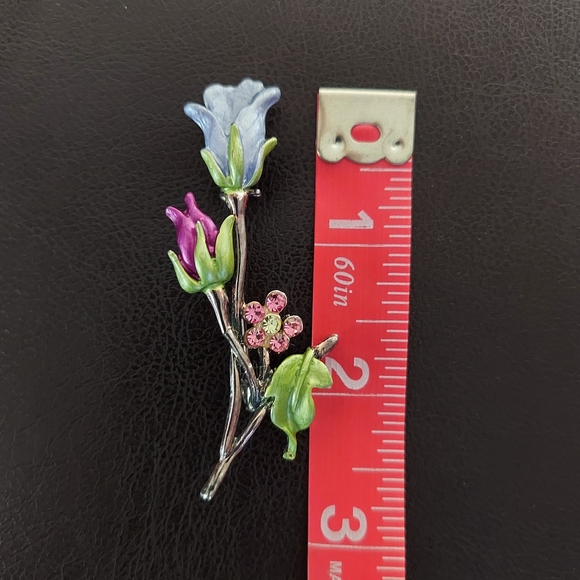 Floral Brooch Pin with Blue and Pink Accents - Picture 2 of 3